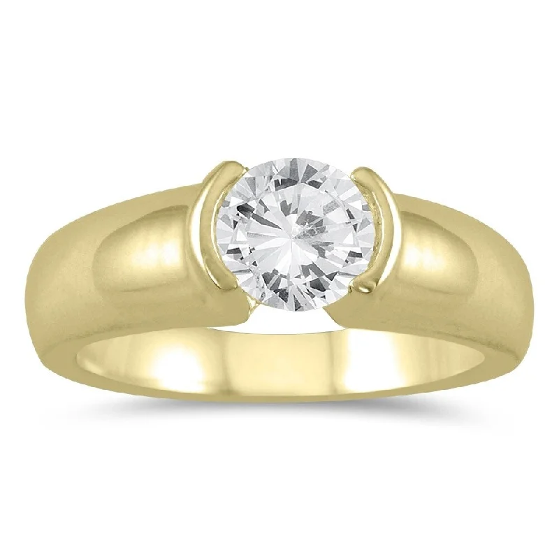 AGS Certified 3/4 Carat Half Bezel Diamond Solitaire Ring in 14K Yellow Gold (H-I Color, I1-I2 Clarity)