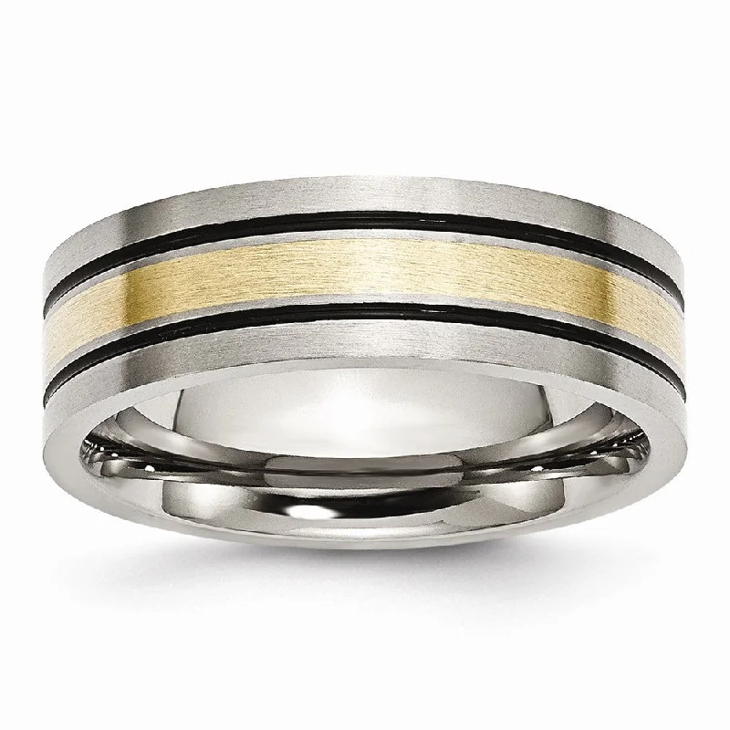 Titanium & 14K Gold Inlay, 7mm Flat Brushed & Antiqued Band