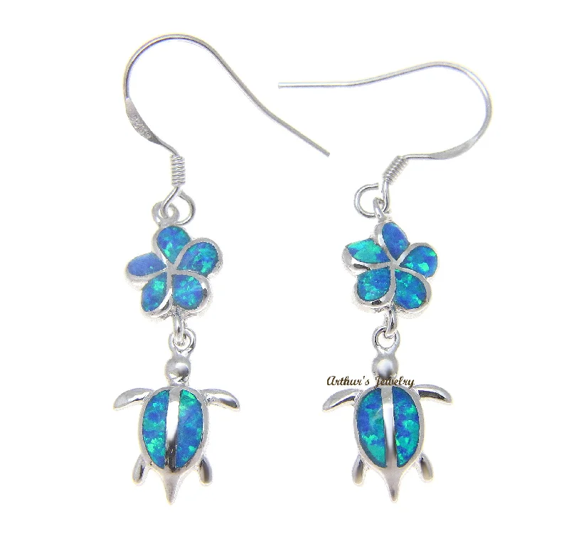 INLAY OPAL SILVER 925 HAWAIIAN PLUMERIA FLOWER HONU TURTLE WIRE HOOK EARRINGS