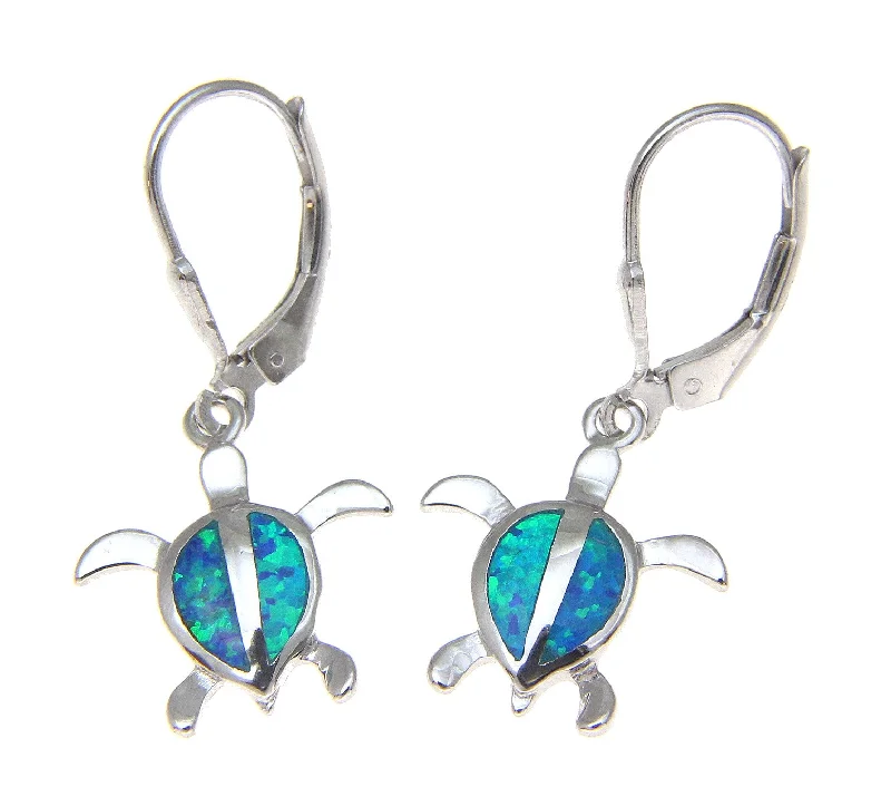 925 Sterling Silver Rhodium Hawaiian Honu Sea Turtle Opal Leverback Earrings