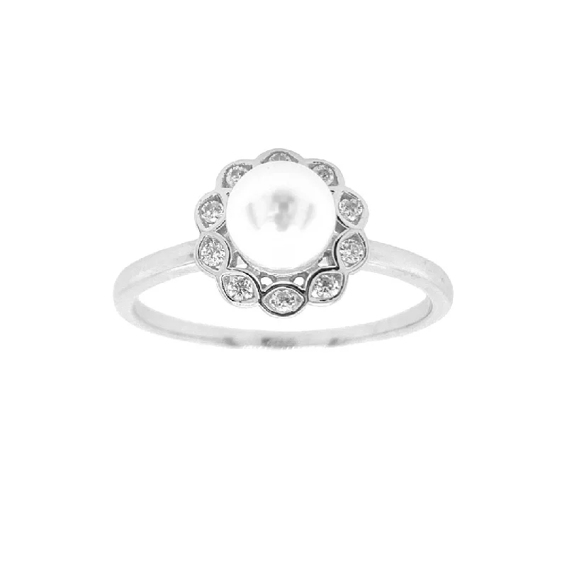 Sterling Silver Cubic Zirconia Halo Pearl Ring