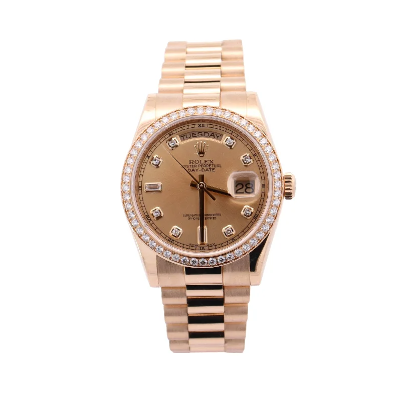 Rolex Day-Date Yellow Gold 36mm Champagne Diamond Dot Dial Watch Reference #: 118348