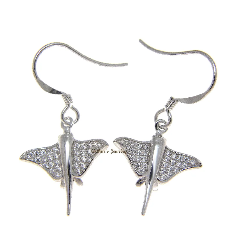 SOLID 925 STERLING SILVER HAWAIIAN STINGRAY FISH CZ RHODIUM WIRE HOOK EARRINGS