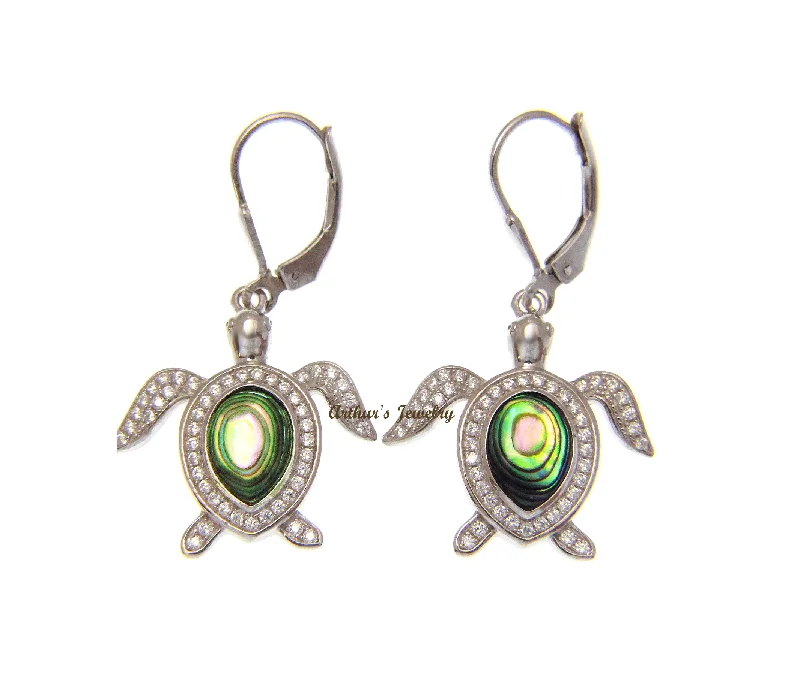 ABALONE PAUA SHELL 925 SILVER HAWAIIAN SEA TURTLE LEVERBACK EARRINGS CZ 21MM