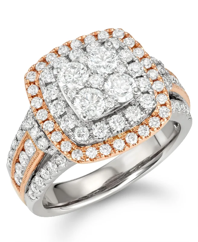 Double Halo Square Ring with 1.95ct of Diamonds in 14ct White & Rose Gold