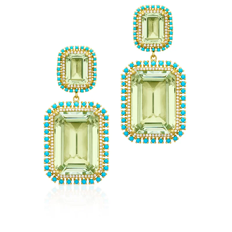 18KT Yellow Gold Green Amethyst Turquoise Diamond Luxe Olympia Earrings