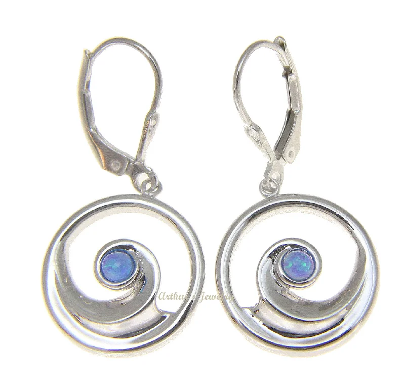 INLAY OPAL STERLING SILVER 925 HAWAIIAN OCEAN WAVE LEVERBACK EARRINGS 16.50MM