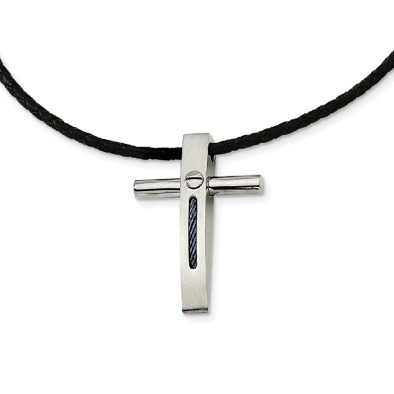 Stainless Steel Blue Rope Accent Cross Necklace