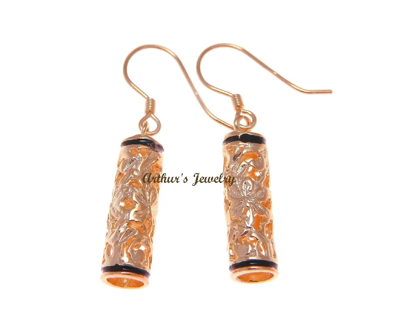 ROSE GOLD PLATED SILVER 925 HAWAIIAN PLUMERIA SCROLL BARREL HOOK EARRINGS