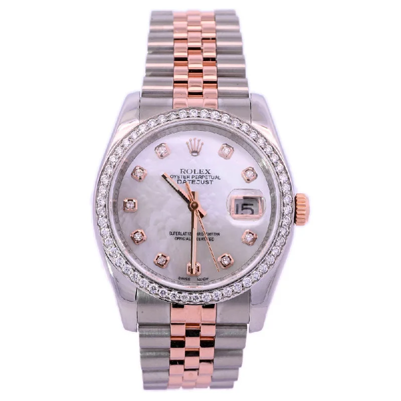 Rolex Datejust Two Tone Rose Gold & Steel 36mm Custom White MOP Diamond Dial Watch Reference# 116231