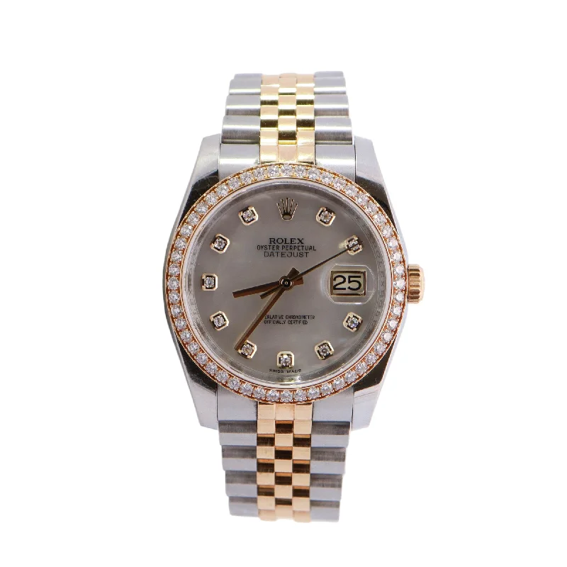 Rolex Datejust 36mm Two Tone Stainless Steel & Yellow Gold Factory Mother Of Pearl Diamond Dial Watch Reference #: 116243