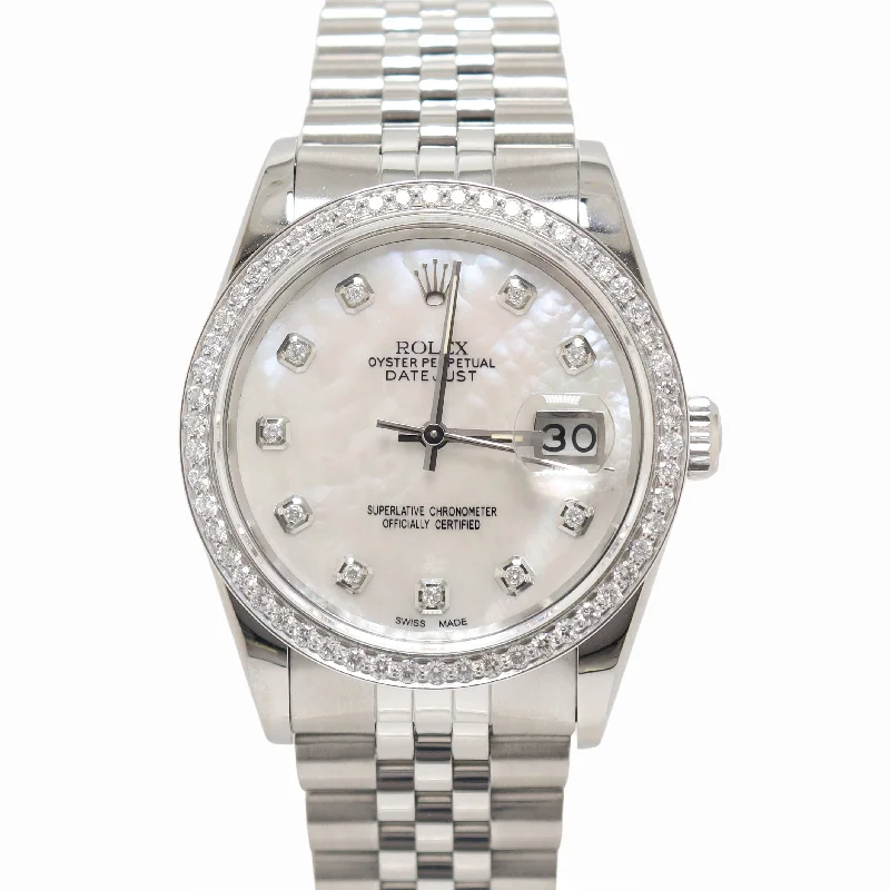 Rolex Datejust Stainless Steel 36mm White MOP Diamond Dial Watch Reference #: 16220