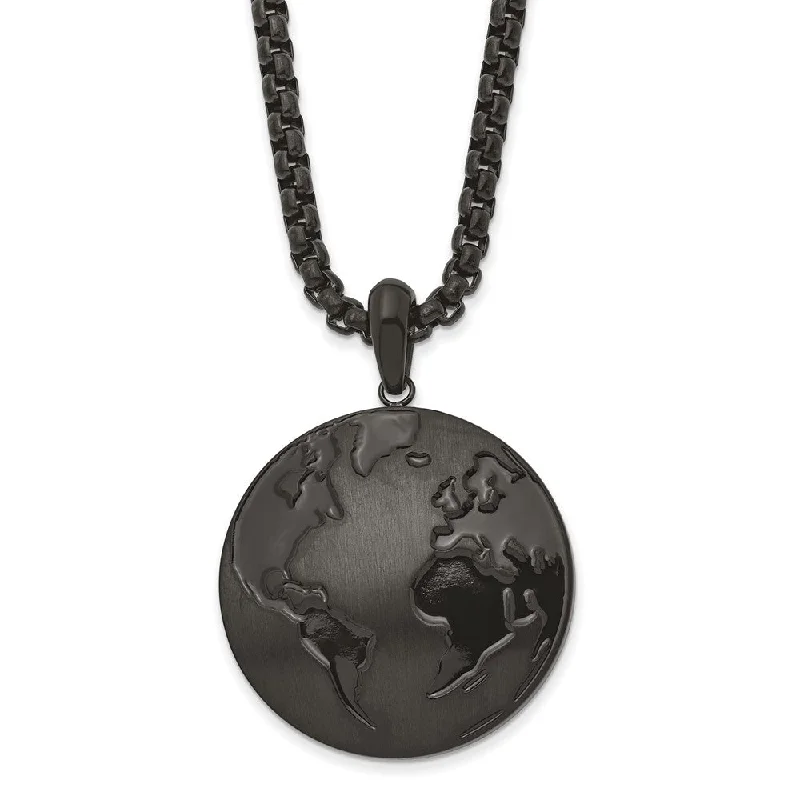 Men's Black Plated Stainless Steel 29mm Earth Necklace, 24 Inch