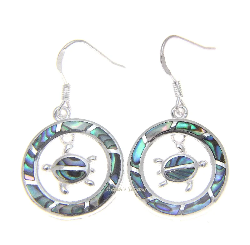 925 Sterling Silver Hawaiian Circle Honu Turtle Abalone Shell Paua Hook Earrings