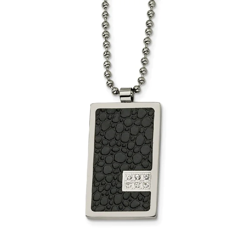 Men's Steel and Textured Textured Dog tag Necklace with Diamonds