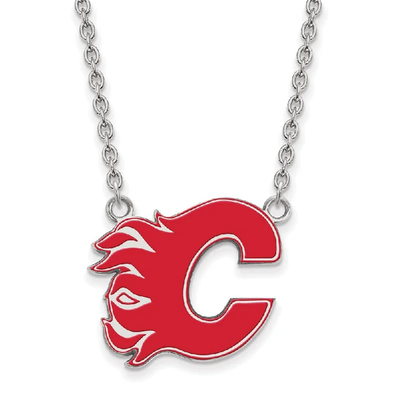 Sterling Silver NHL Calgary Flames LG Enamel Necklace, 18 In