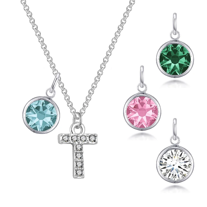 Pave Initial T Necklace with Birthstone Charm Created with Zircondia® Crystals