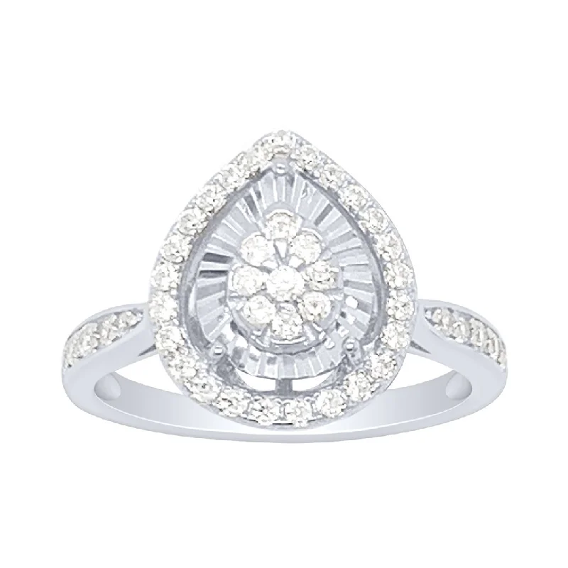 Sterling Silver and Pear Center Miracle Setting with Halo in Cubic Zirconia Ring