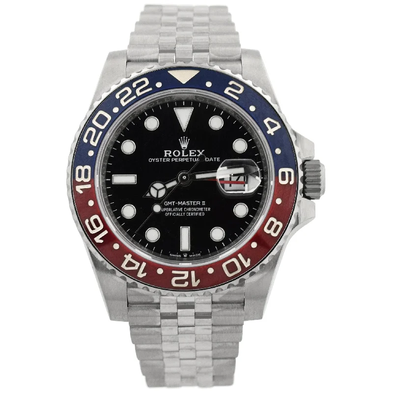 Rolex GMT Master II "Pepsi" 40mm Stainless Steel Black Dot Dial Watch Reference#: 126710BLRO