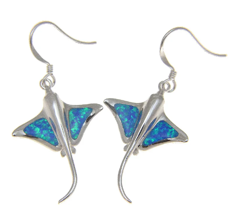 925 Sterling Silver Rhodium Hawaiian Stingray Fish Blue Opal Hook Wire Earrings