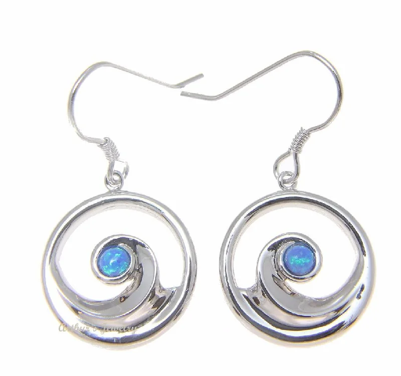 INLAY OPAL STERLING SILVER 925 HAWAIIAN OCEAN WAVE ROUND HOOK EARRINGS 16.50MM