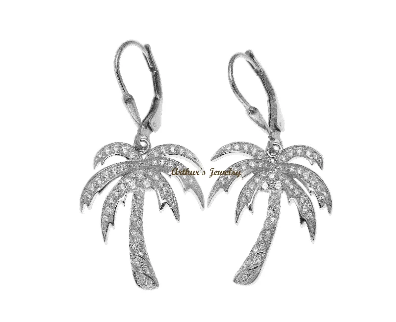 RHODIUM PLATED SILVER 925 BLING CZ HAWAIIAN PALM TREE LEVERBACK EARRINGS