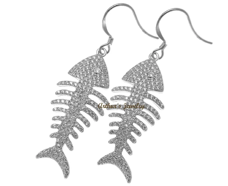 RHODIUM PLATED 925 SILVER HAWAIIAN FISH BONE HOOK EARRINGS CZ 14.85MM