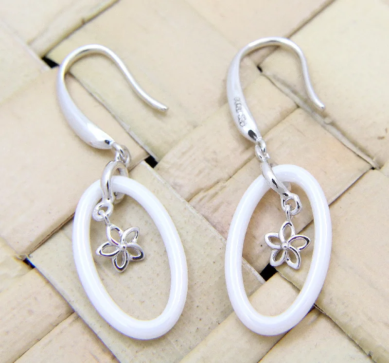 925 Silver Rhodium Hawaiian Plumeria Flower White Ceramic Oval Hook Earrings