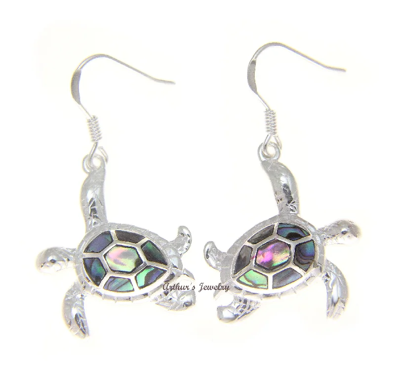 925 Sterling Silver Hawaiian Honu Sea Turtle Abalone Shell Paua Hook Earrings