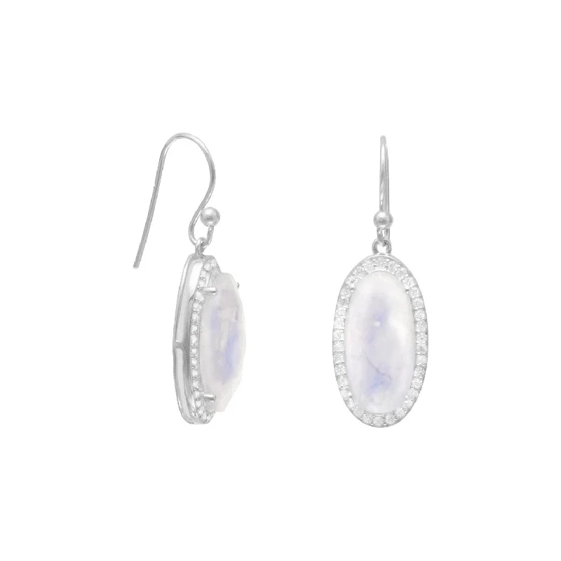 Oblong Rainbow Moonstone Earrings with CZ Edge