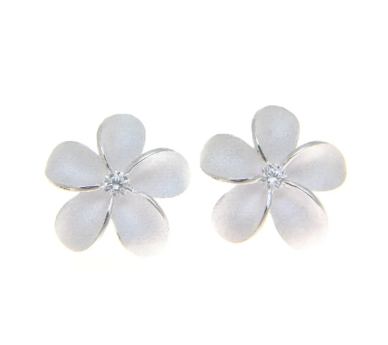 STERLING SILVER 925 HAWAIIAN PLUMERIA FLOWER CZ POST STUD EARRINGS 18MM