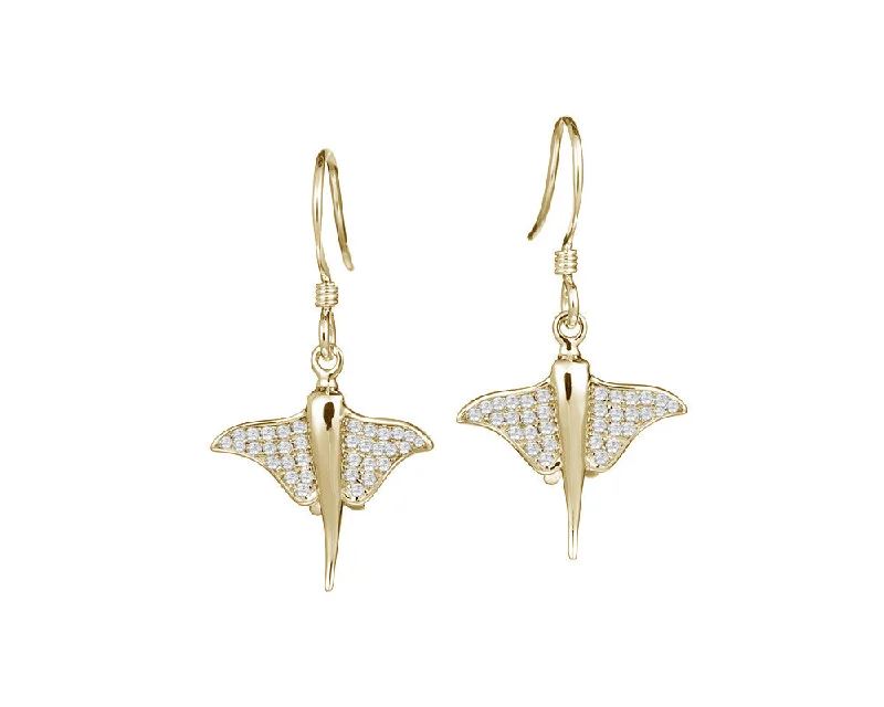 YELLOW GOLD ON SOLID 925 STERLING SILVER HAWAIIAN STINGRAY FISH CZ HOOK EARRINGS