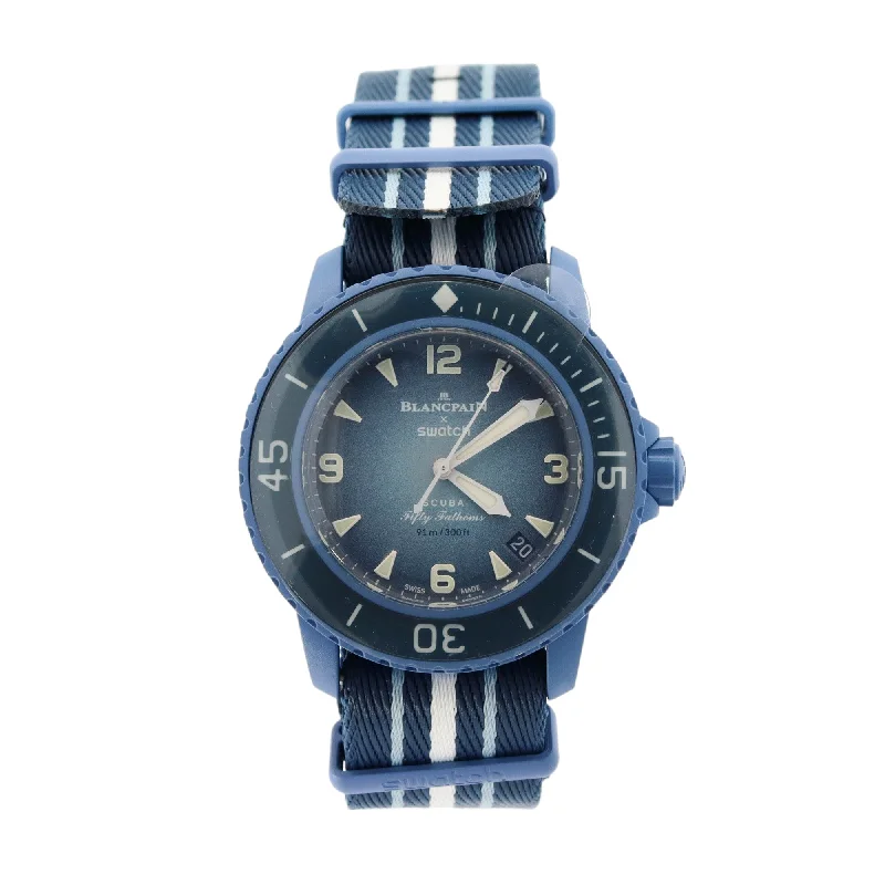 Swatch x Blancpain Blue Bioceramic 42mm Blue Arabic & Stick Dial Watch Reference #: SO35A100