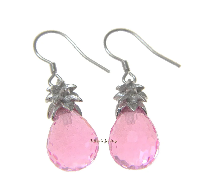 FACETED PINK CRYSTAL HAWAIIAN PINEAPPLE HOOK EARRINGS 925 STERLING SILVER 10MM