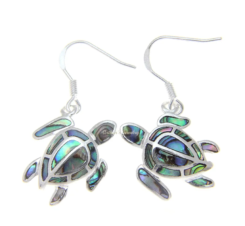 925 Sterling Silver Hawaiian Honu Sea Turtle Abalone Shell Paua Hook Earrings