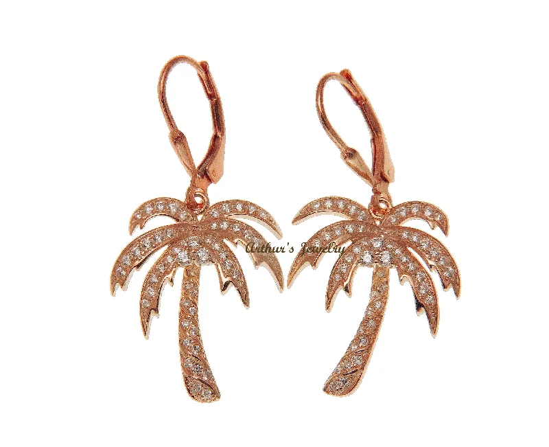 PINK ROSE GOLD PLATED SILVER 925 BLING CZ HAWAIIAN PALM TREE LEVERBACK EARRINGS