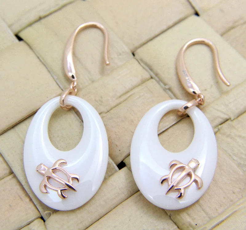 925 Silver Pink Rose Gold Hawaiian Honu Sea Turtle White Ceramic Oval Earrings