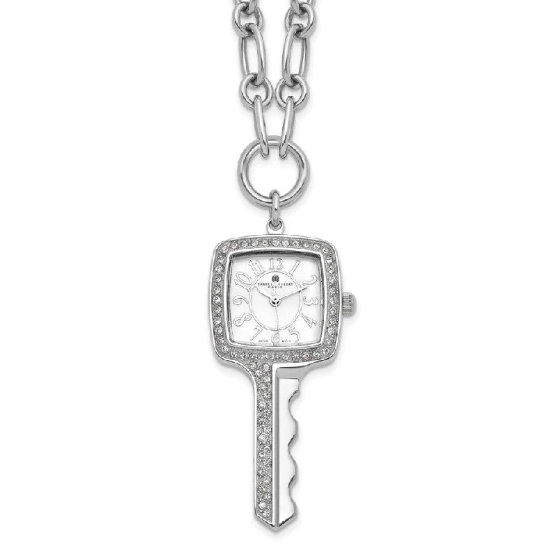 Ladies, Stainless Steel, Square Key White Dial Pendant Watch Necklace