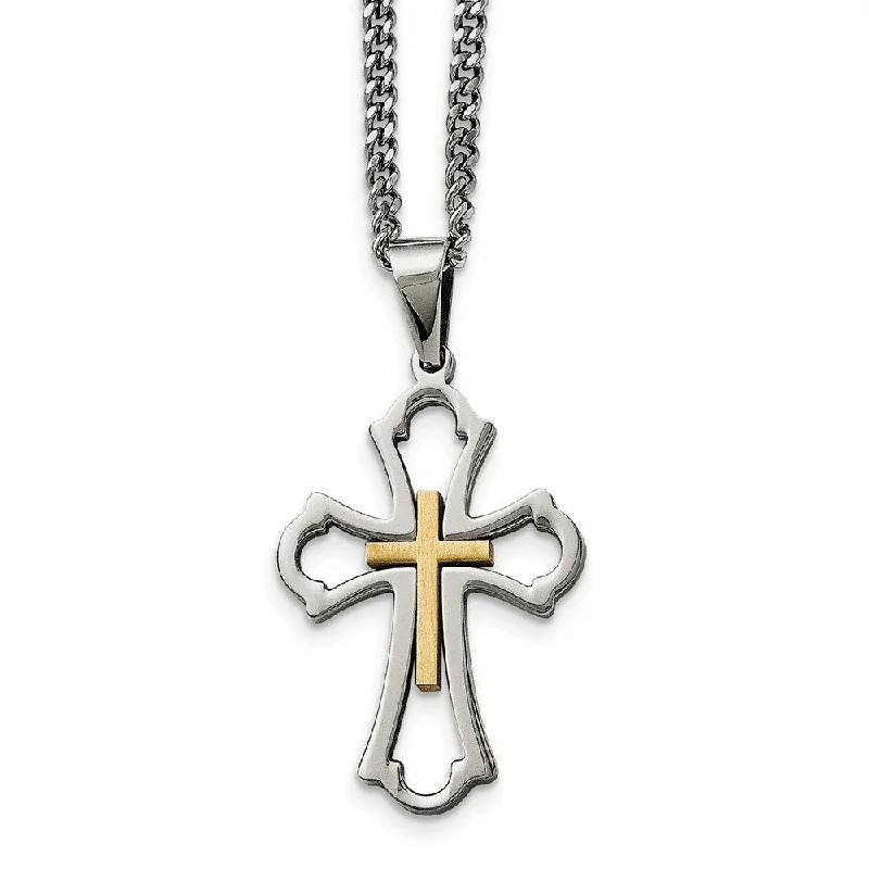 Polished & Brushed Stainless Steel & Gold Tone Cross Necklace, 22 Inch