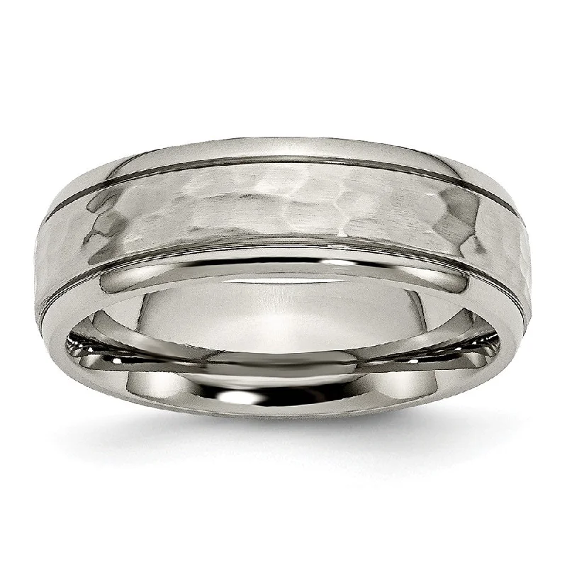 Titanium 7mm Grooved Edge And Hammered Comfort Fit Band