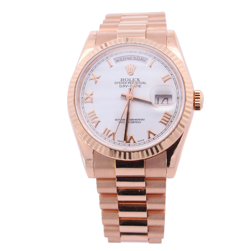 Rolex Day-Date 18K Pink Gold 36mm Pink Champagne Roman Dial Watch Reference #: 118235