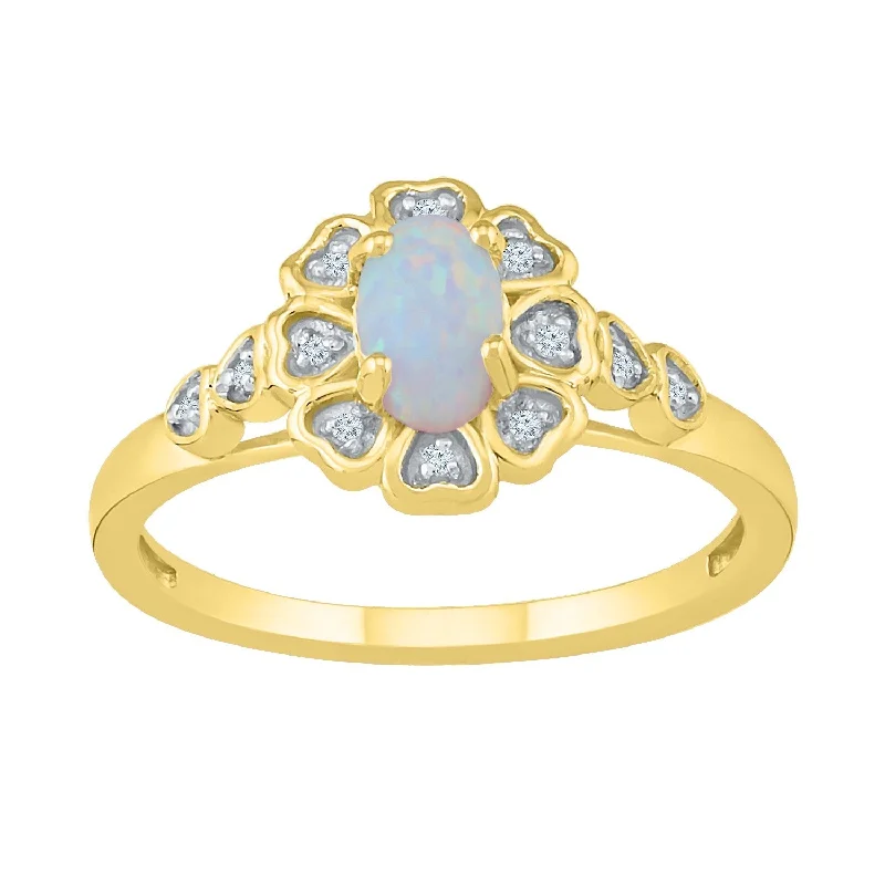 9ct Yellow Gold Created Opal Diamond Set Ring