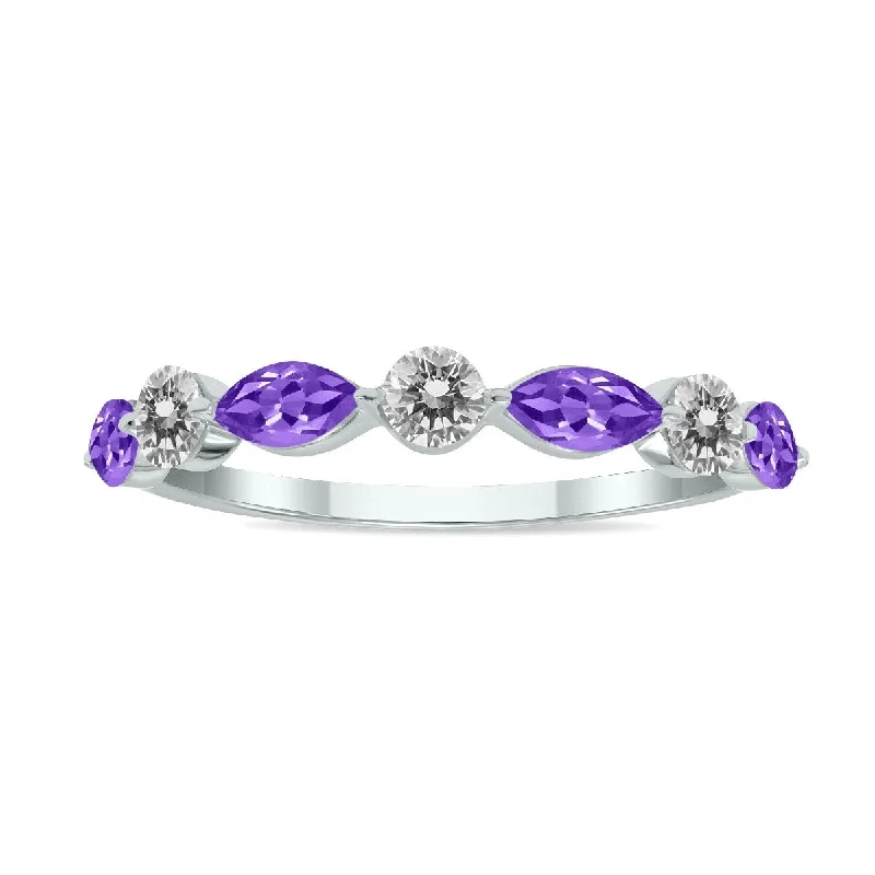 Marquee Jewels 3/4 CTW Marquise Shape Amethyst and Diamond Wedding Band in 10K White Gold