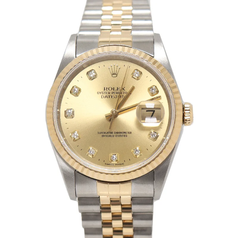 Rolex Datejust Stainless Steel Yellow Gold 36mm Champagne Diamond Dial Watch Reference #: 16233