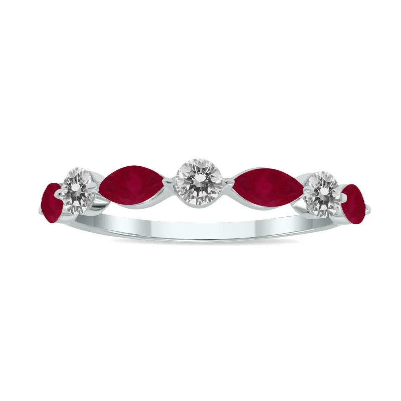 Marquee Jewels 3/4 CTW Marquise Shape Ruby and Diamond Wedding Band in 10K White Gold