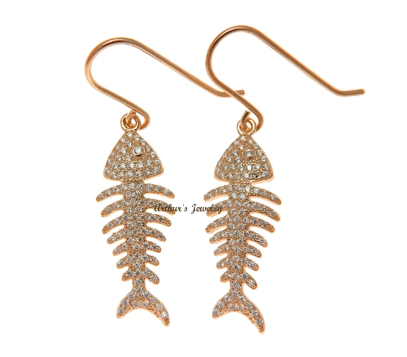 ROSE GOLD PLATED 925 STERLING SILVER HAWAIIAN FISH BONE HOOK EARRINGS CZ 11MM