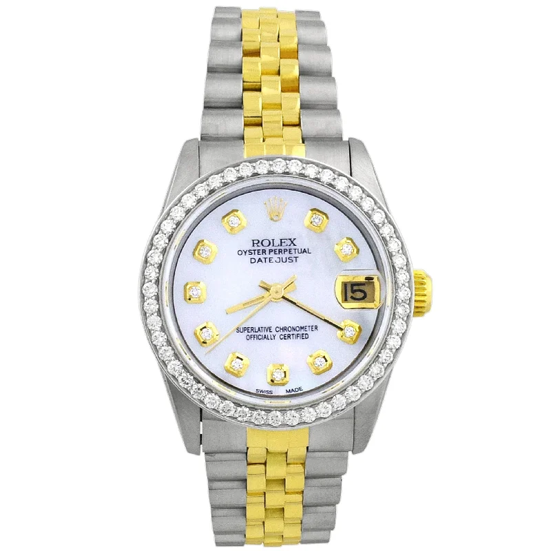 Rolex Ladies Datejust Yellow Gold & Stainless Steel 31mm Custom White MOP Diamond Dial Watch Reference# 68273