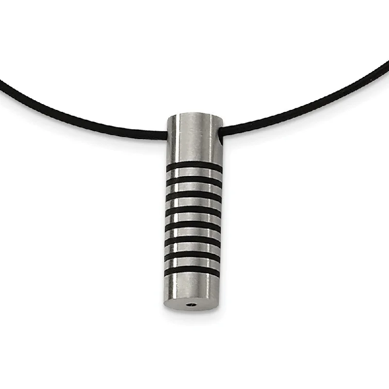 Stainless Steel and Black Rubber Cylinder Necklace