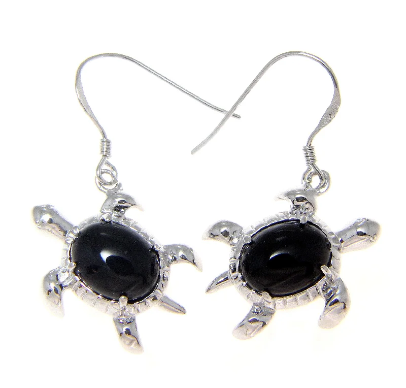 925 Silver Rhodium Hawaiian Honu Turtle Genuine Natural Black Coral Earrings