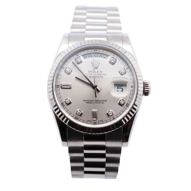 Rolex Day-Date White Gold 36mm Silver Diamond Dial Watch Reference #118239